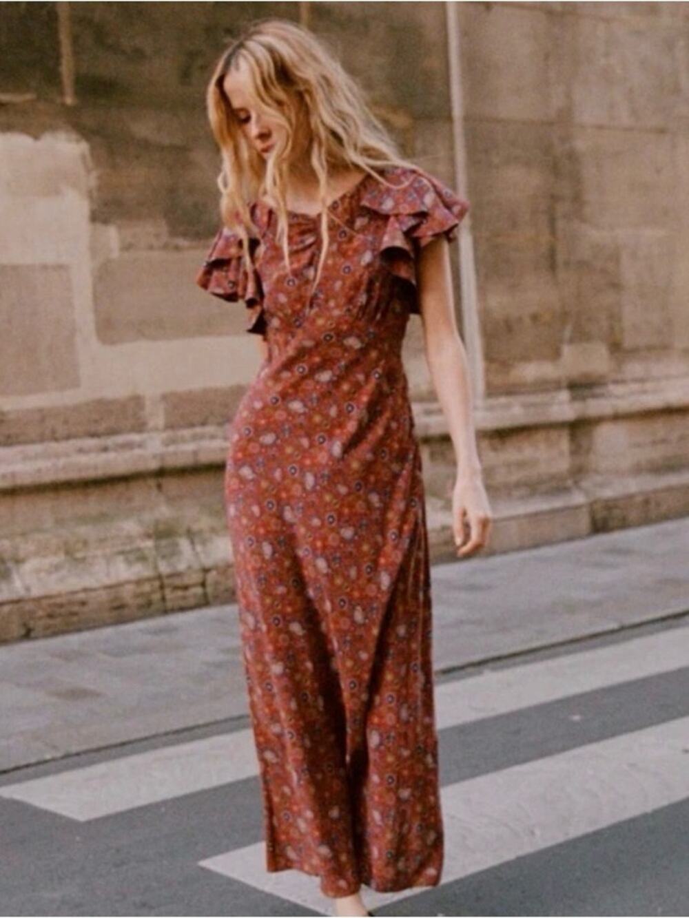 Doen Beatriz Silk Red Blue Ruffle Sleeves Midi Dress Size XS NWT